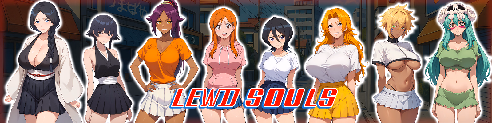 Lewd Souls banner art showing the game's title and key characters