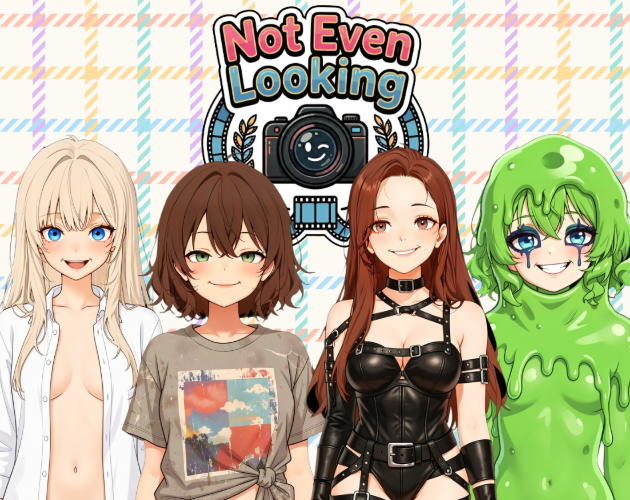 Not Even Looking cover art featuring four stylised heroines around a vintage camera logo