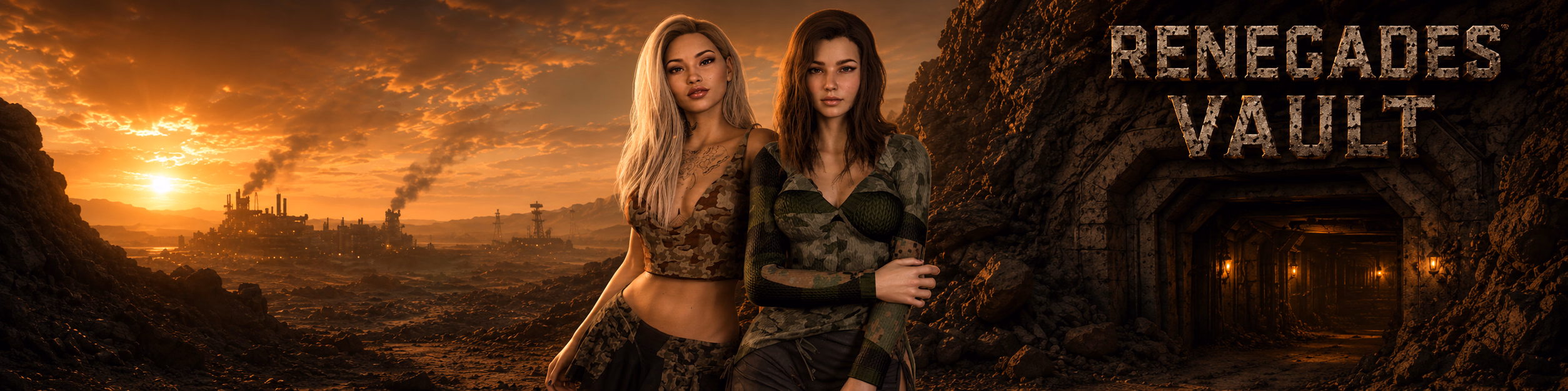 Two 3D-rendered female survivors near a hidden vault with the smoke-lit city of Bonetown in the distance