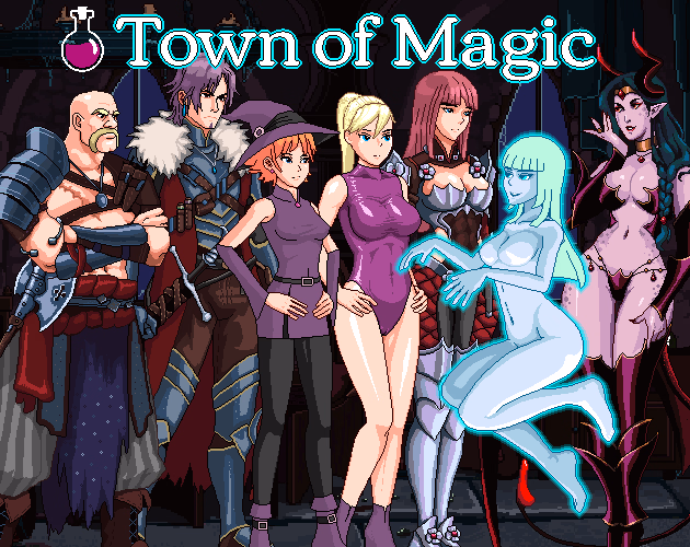 Town of Magic promotional art showing a fantasy town with animated 2D characters